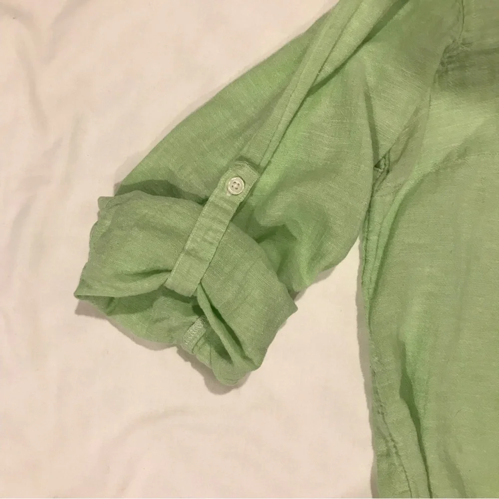Gap Linen Blend Boyfriend Fit Collared Long Sleeve Roll Tab Popover Top Lime - Picture 5 of 8